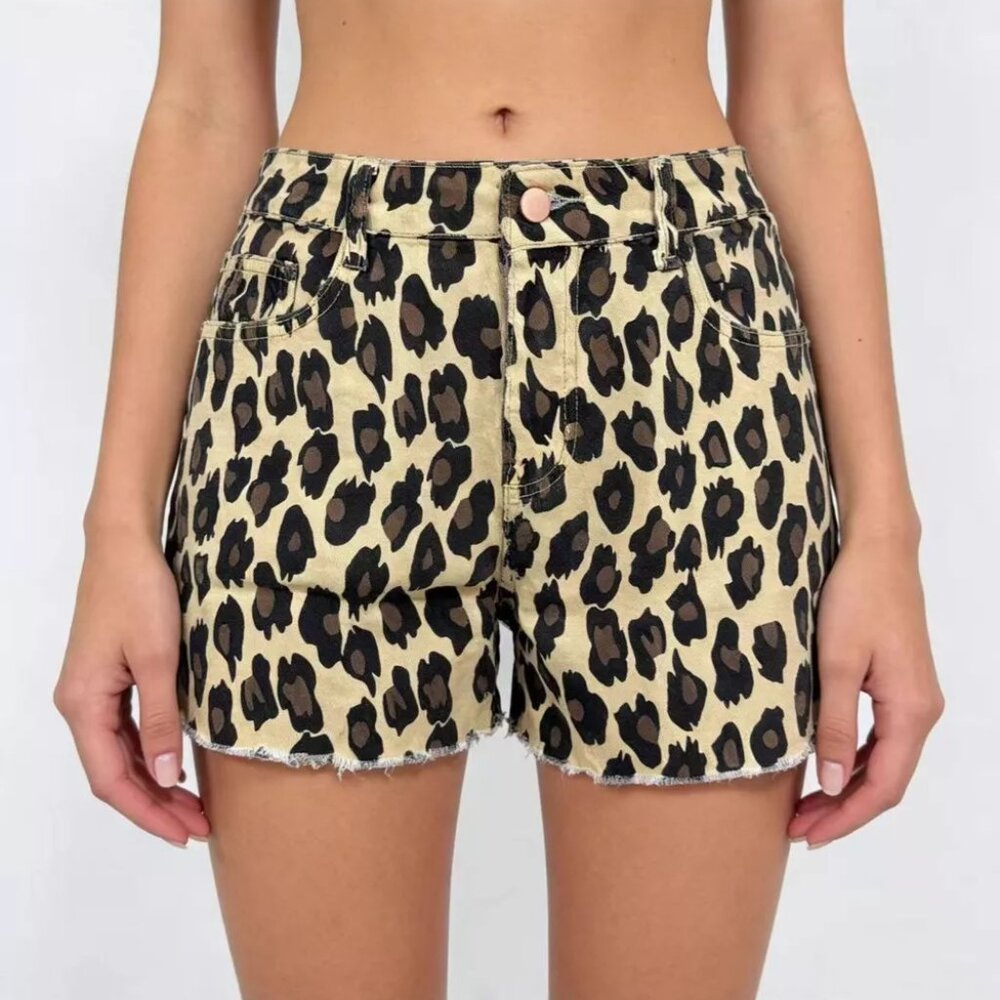 Leopard Print High-Waisted Denim Shorts